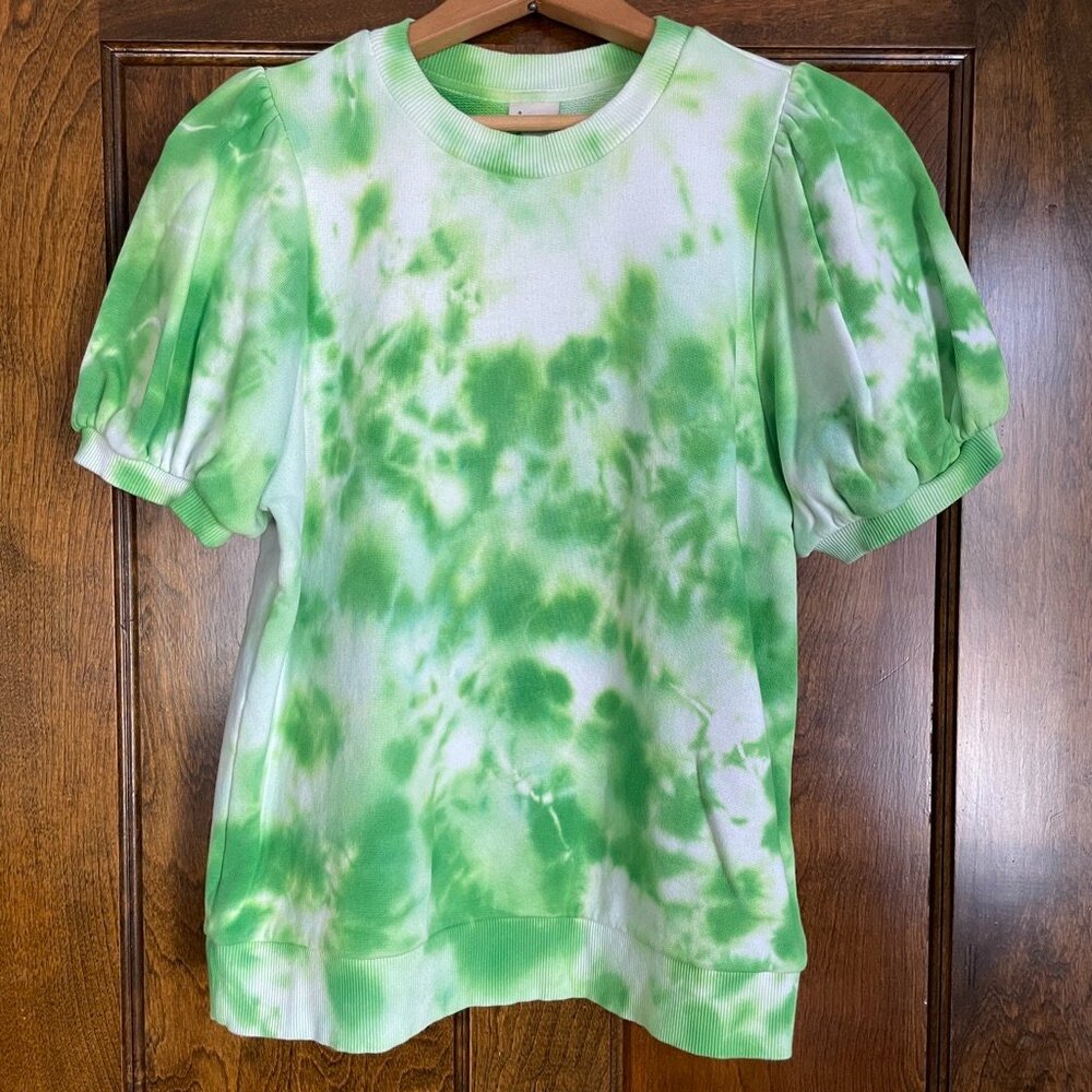 a new day Green White Tie Dye Puff Sleeve Top Crew Neck Casual Blouse Size M